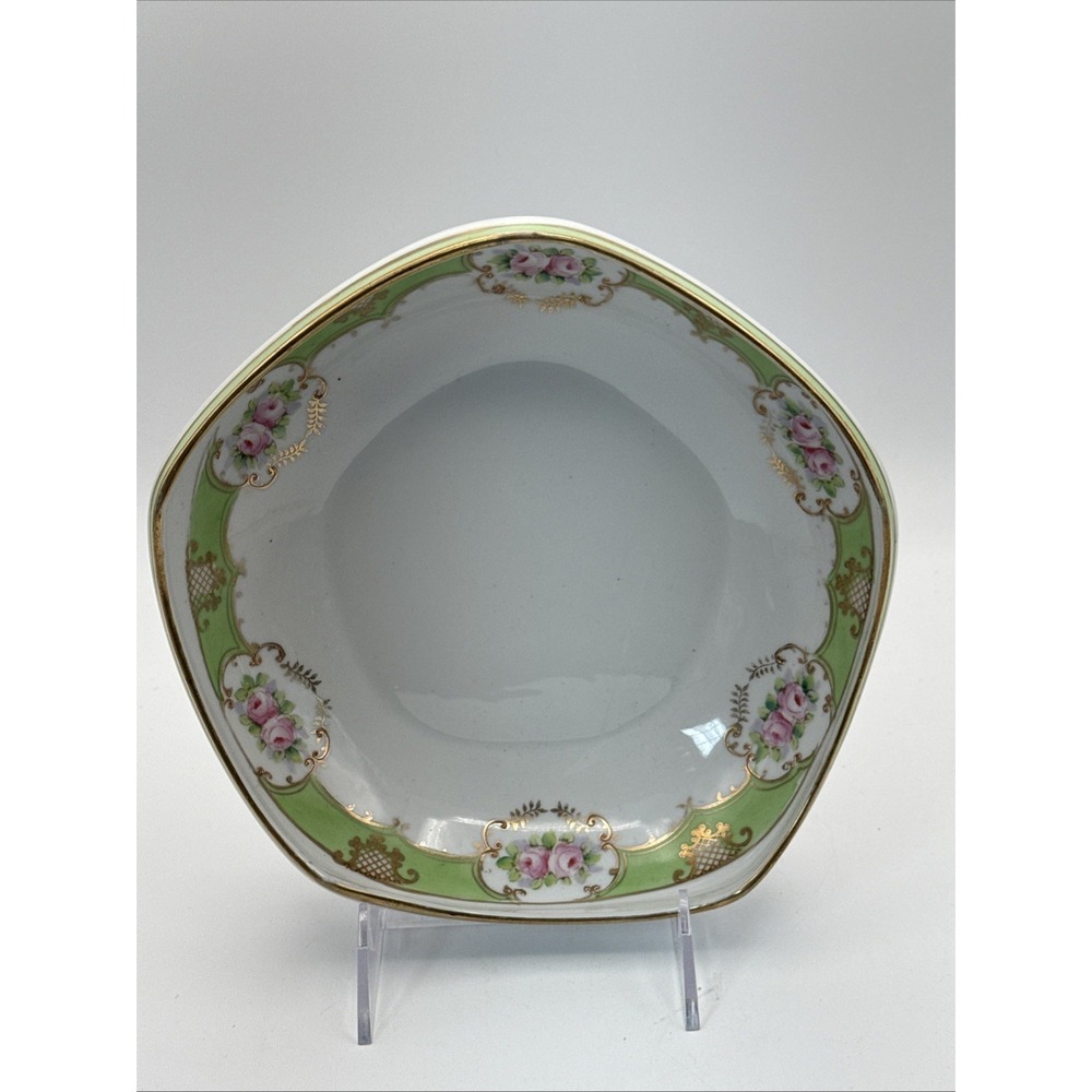 Antique Nippon Pink Floral Shabby Green & Gold Beaded Octagon Footed Bowl #2517